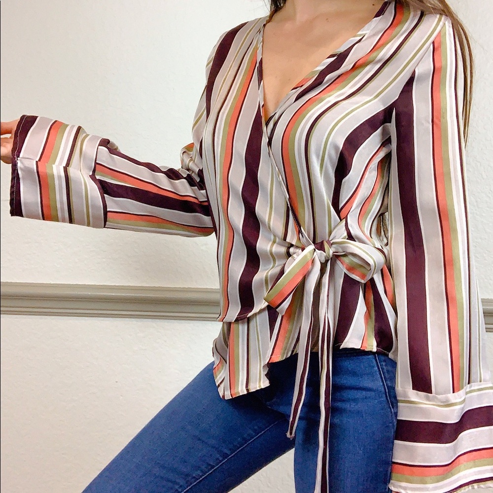 Purple Striped Satin Wrap Blouse